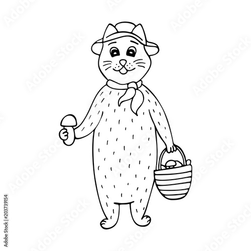 Black-and-white hand-drawn cat mushroom picker with a basket with mushrooms.