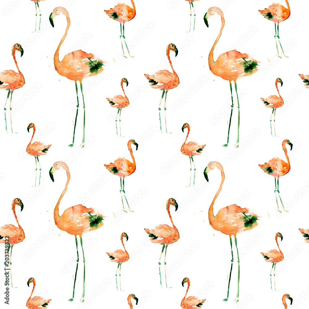 Fototapeta premium Hand Drawn Illustration With Flamingo. Exotic Summer Beach Motif. Swimwear Design, Wrapping, Background, Wallpaper, Fabric. Hawaiian Print. Jungle Birds Repeated Ornament. Aloha. Boho. Africa.