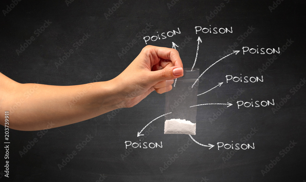 Hand with pills in plastic bag and blackboard wallpaper Hand with pills in plastic bag and blackboard wallpaper