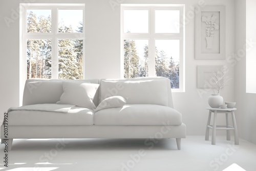 White room with sofa and winter landscape in window. Scandinavian interior design. 3D illustration