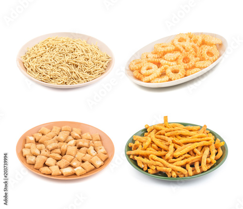 Indian Tasty Snack Food Collection Loung Sev, Aloo Sev, Shakkar Pare, Round Ring isolated on White Background