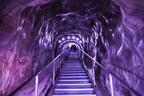 Illuminated underground entrance of Turda salt mine, Cluj, Romania