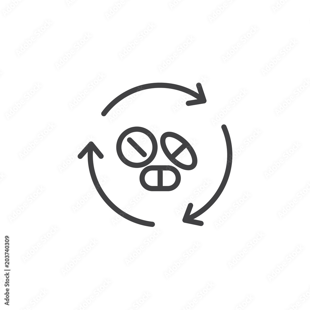 Medicine pills with recycling arrows outline icon. linear style sign for mobile concept and web design. Medication cycle simple line vector icon. Symbol, logo illustration. Pixel perfect vector Medicine pills with recycling arrows outline icon. linear style sign for mobile concept and web design. Medication cycle simple line vector icon. Symbol, logo illustration. Pixel perfect vector