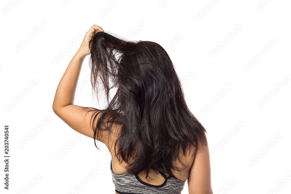 Women itching scalp itchy his hair isolated on white background Women itching scalp itchy his hair isolated on white background
