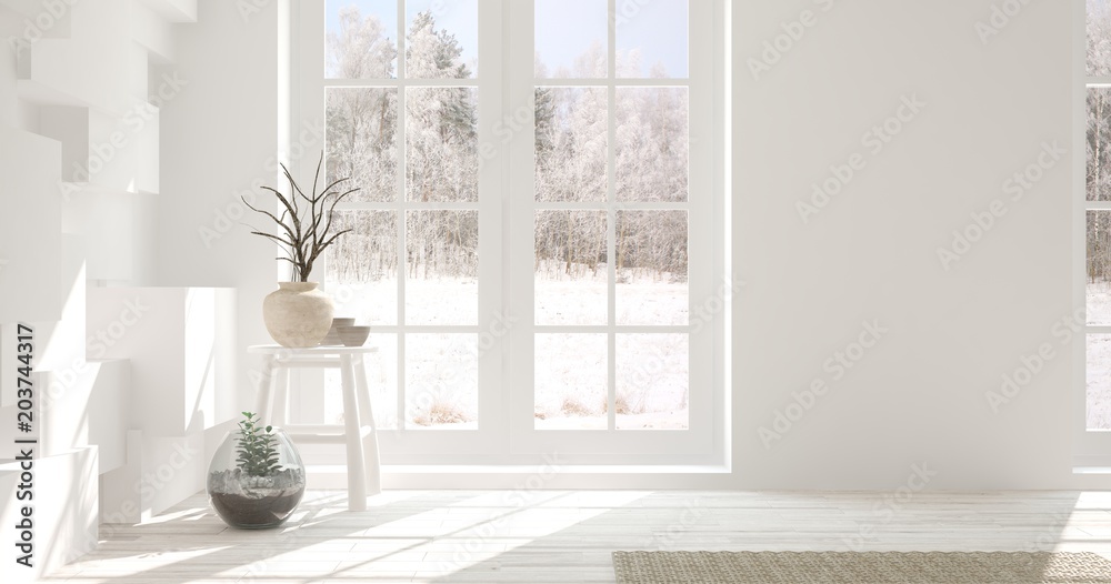 White empty room with home decor and winter landscape in window. Scandinavian interior design. 3D illustration White empty room with home decor and winter landscape in window. Scandinavian interior design. 3D illustration