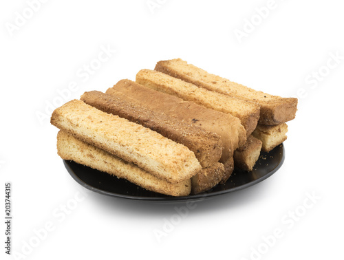 Indian Bakery Food Tea Time Sweet Dry Toast Snack Also Know As Indian Toast Snack, Toasted, Bread, Long Toast, Mawa Toast isolated on White Background