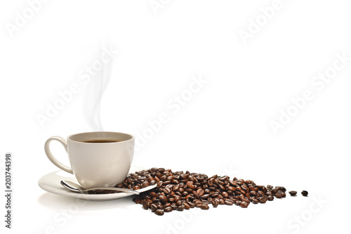  Cup of coffee with smoke and coffee beans isolated on white background