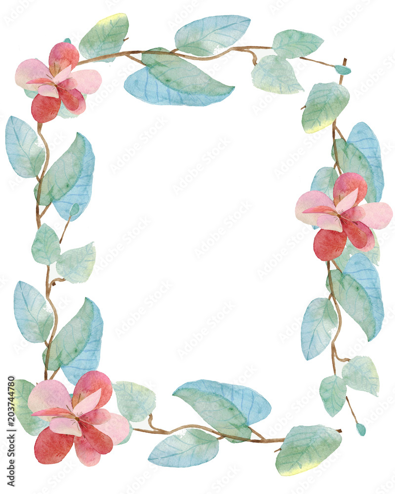 Naklejka premium watercolor illustration of twigs and flowers in a rectangular frame