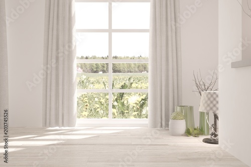 White empty room with home decor and summer landscape in window. Scandinavian interior design. 3D illustration