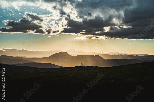 Mountain peaks in Emilia Romagna at sunset. Monte Venere, Bologna province, Italy.