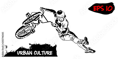 Illustration with representative of Urban Culture. BMX rider in a jump isolated on white background. Extreme theme modern print.