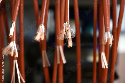 Close up view of electric cables with insulation