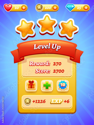 Game UI. Interface design. Stars. Level up. Mobile application.