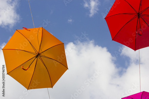 Ornamental colored umbrellas hanging