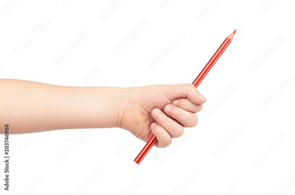 Kid hand hold color pencil with hand, isolated on white background Kid hand hold color pencil with hand, isolated on white background