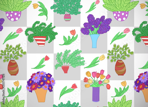 Fototapeta Naklejka Na Ścianę i Meble -  Horizontal card with cute cartoon colored plants and flowers in pots and tulips. Checkered grey and white background.