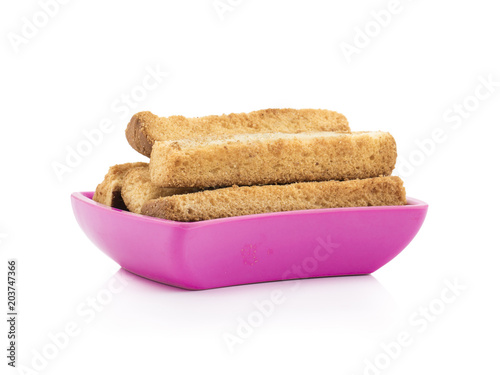 Indian Bakery Food Tea Time Sweet Dry Toast Snack Also Know As Indian Toast Snack, Toasted, Bread, Long Toast, Mawa Toast isolated on White Background