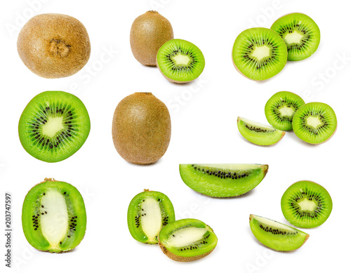 set of different juicy delicious and healthy ripe kiwi, isolated on white background