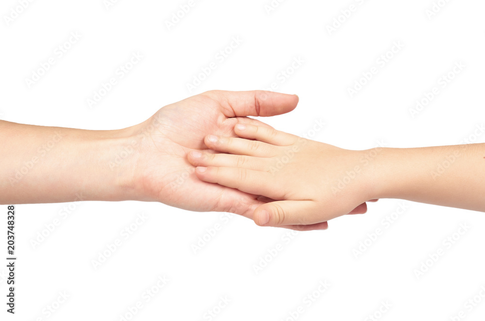 Mother hold kid hand, togetherness and safe concept, isolated on white background