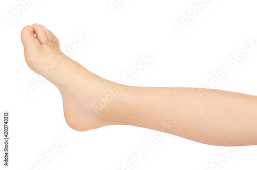 Cute kid leg, fast growing foot, isolated on white background