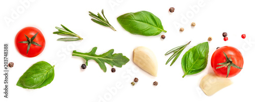 Creative food pattern with Fresh vegetables, herbs and spices isolated on white background.  Flat lay. Healthy food background with various fresh ingredients.