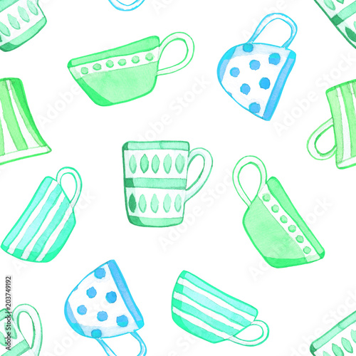 Seamless pattern with tea cups. Watercolor illustration.