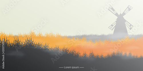 Rural landscape with windmill. Vector illustration