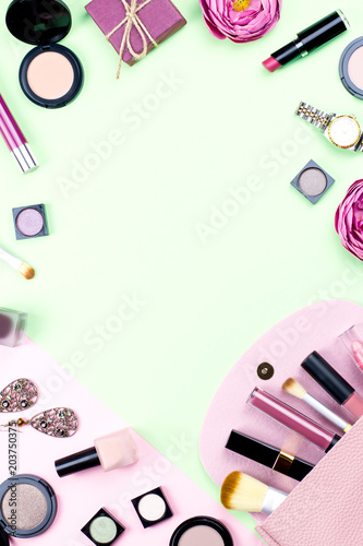 Fashion accessories, makeup products, jewelry and handbag on pastel background. Beauty and fashion concept, flat lay