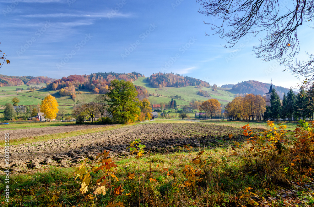 village in Kaczawskie mountain in Sudety during autumn, Poland