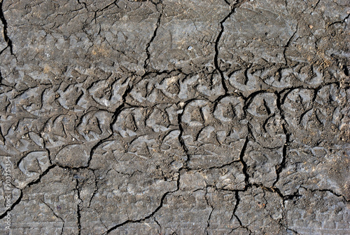Tire marks on wet ground, horizontal background texture