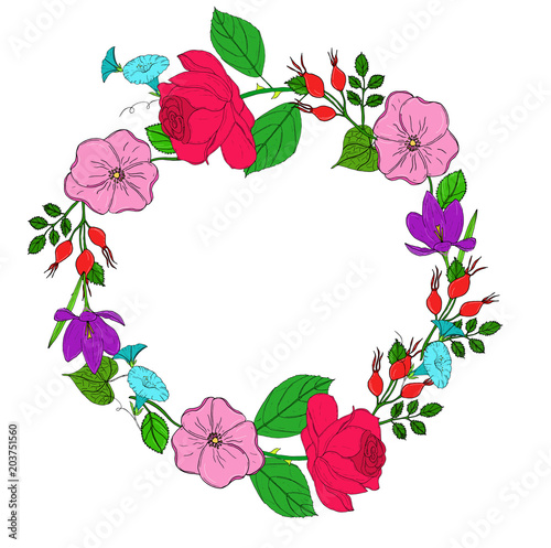 Colored vector flower wreath with blooming roses.