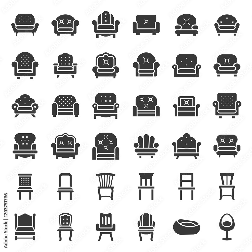 Sofa and chair, solid icon set Sofa and chair, solid icon set