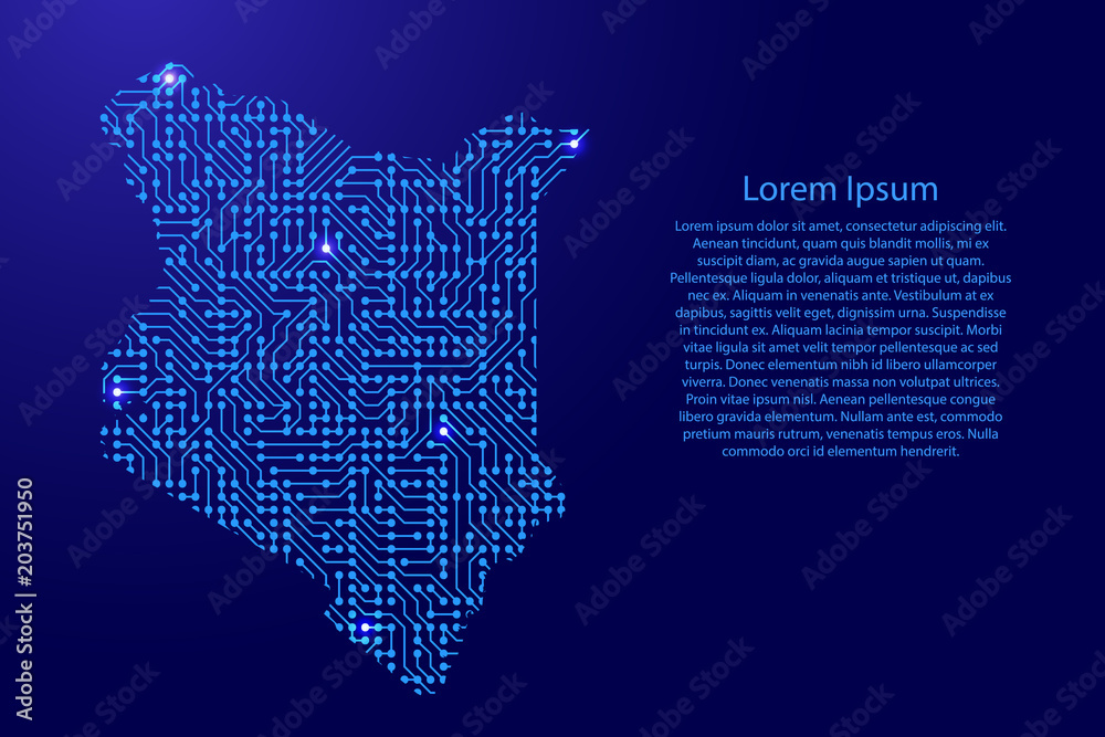Map Kenya from printed board, chip and radio component with blue star space on the contour for banner, poster, greeting card. Computer electronics processor motherboard. Vector illustration.
