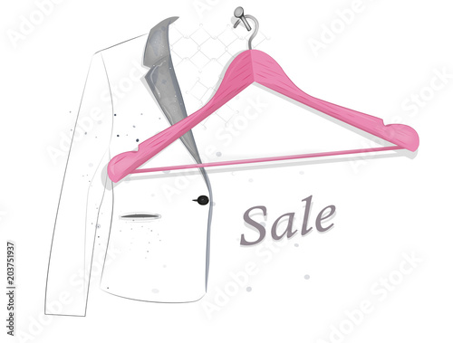 A nail in the wall. Pink hanger. The outlines of the jacket. Score.sale.discounts.