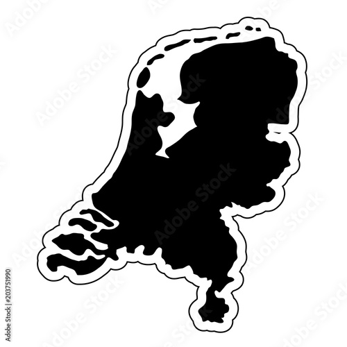 Black silhouette of the country Netherlands with the contour line. Effect of stickers, tag and label. Vector illustration