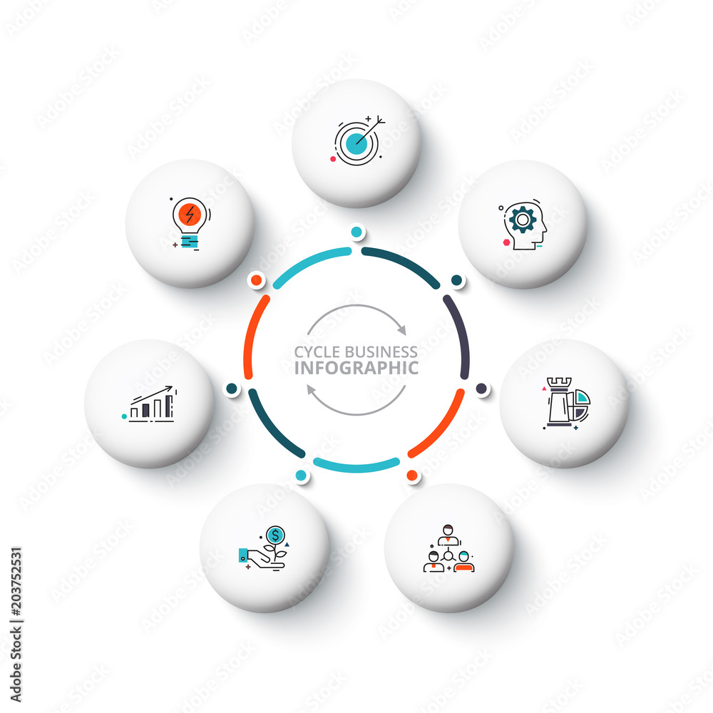 Vector white circle elements for infographic. Template for cycle diagram, graph, presentation and round chart. Business concept with 7 options, parts, steps or processes. Abstract background.