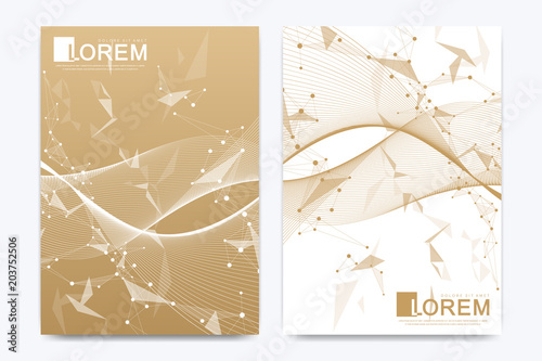 Modern vector template for brochure, leaflet, flyer, cover, catalog, magazine or annual report in A4 size. Business, science and technology design book layout. Presentation with golden waves.