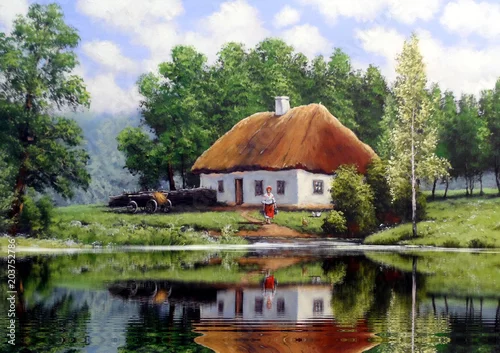 Obraz Sztuka. Obrazy olejne pejzaż, wiejski, dom. Sztuki piękne.