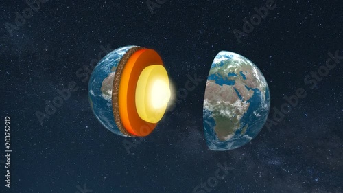 Core of the Earth with inner geological structure and layers of the planet in 3d animation.