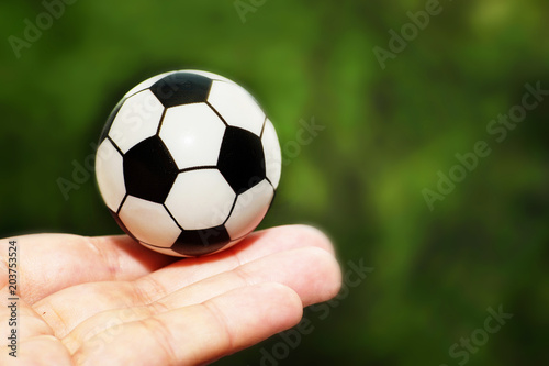 Souvenir soccer ball in hand on grass background.