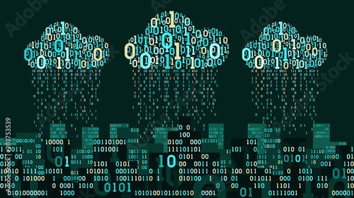 Abstract futuristic smart city with the artificial intelligence and internet of things, connected to cloud storage, binary rain - data stream, neural network concept, big data