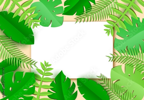 Jungle leaves in art paper style with white sheet with place for promotoin text. Spa salon card template. Exotic tropical jungle rainforest bright green palm monstera leaves border frame.