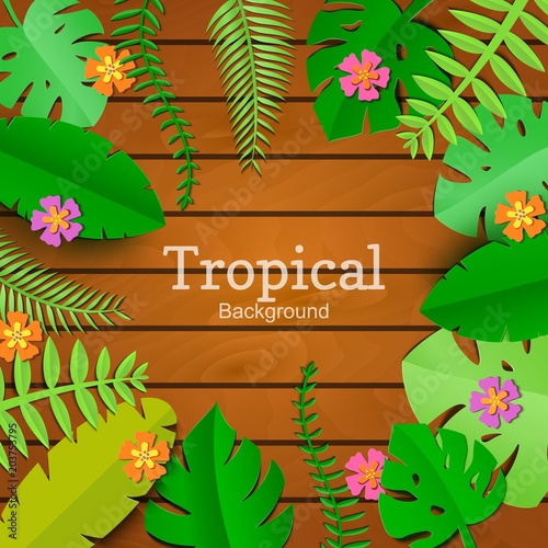 Jungle leaf in art paper style on wooden background with place for promotoin text. Spa salon card template. Exotic tropical jungle rainforest bright green palm monstera leaves and flowers border frame