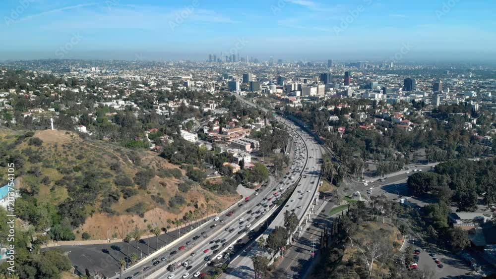 Los Angeles Aerial Shot of Hollywood Skyline and Freeway Traffic California USA Los Angeles Aerial Shot of Hollywood Skyline and Freeway Traffic California USA