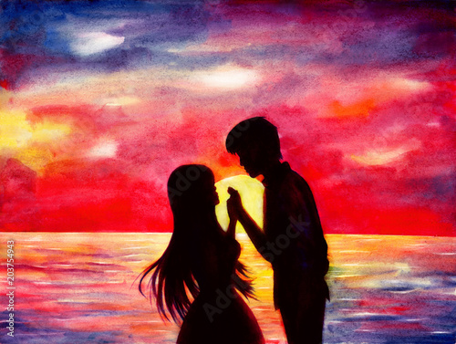 Watercolor illustration of the silhouettes of lovers at sunset.