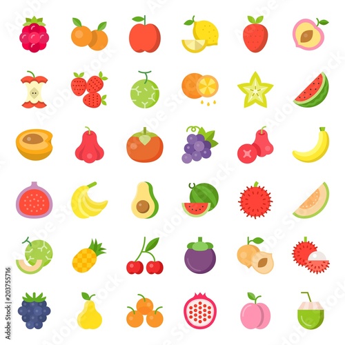 Fototapeta Naklejka Na Ścianę i Meble -  Cute fruit and berries, flat icon set 2