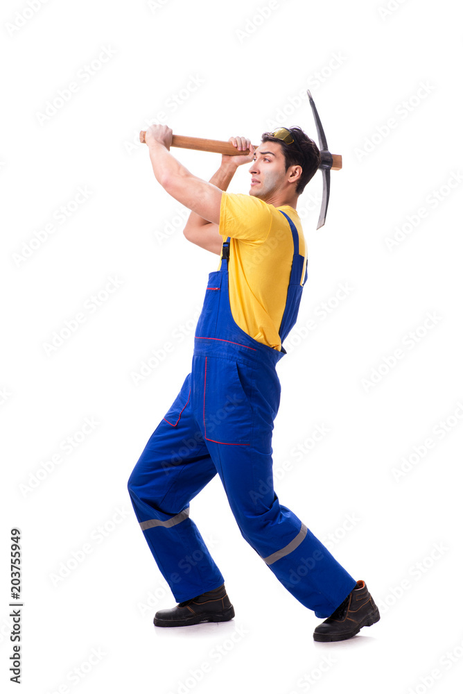 Young man contractor with axe isolated on white Young man contractor with axe isolated on white