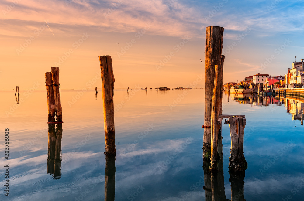 Romantic sunset on the Venice lagoon. Island of Pellestrina.