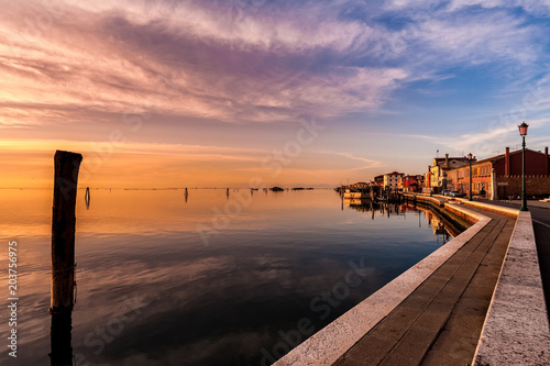 Romantic sunset on the Venice lagoon. Island of Pellestrina.