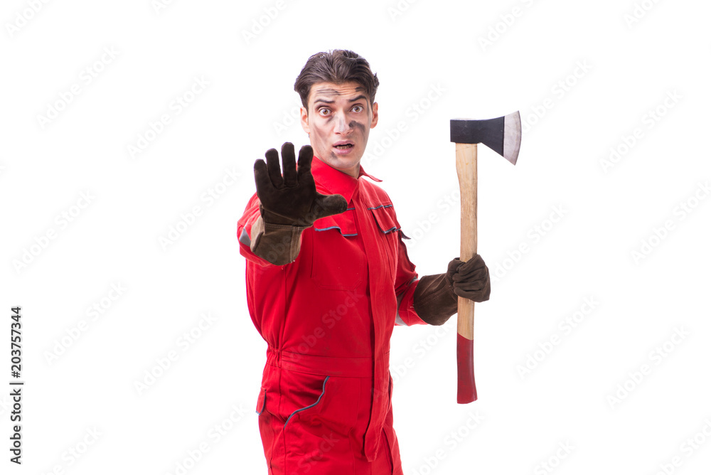Contractor employee with axe on white background Contractor employee with axe on white background